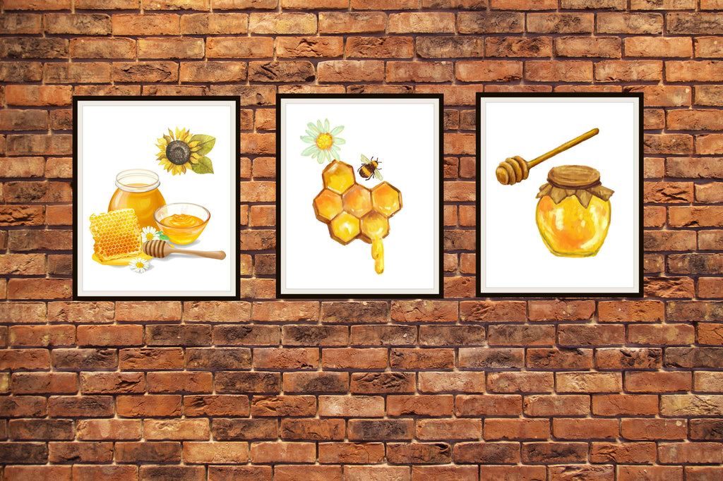 Download Printed Set of 3 Sweet Honey Watercolor Art Prints, Bees ...