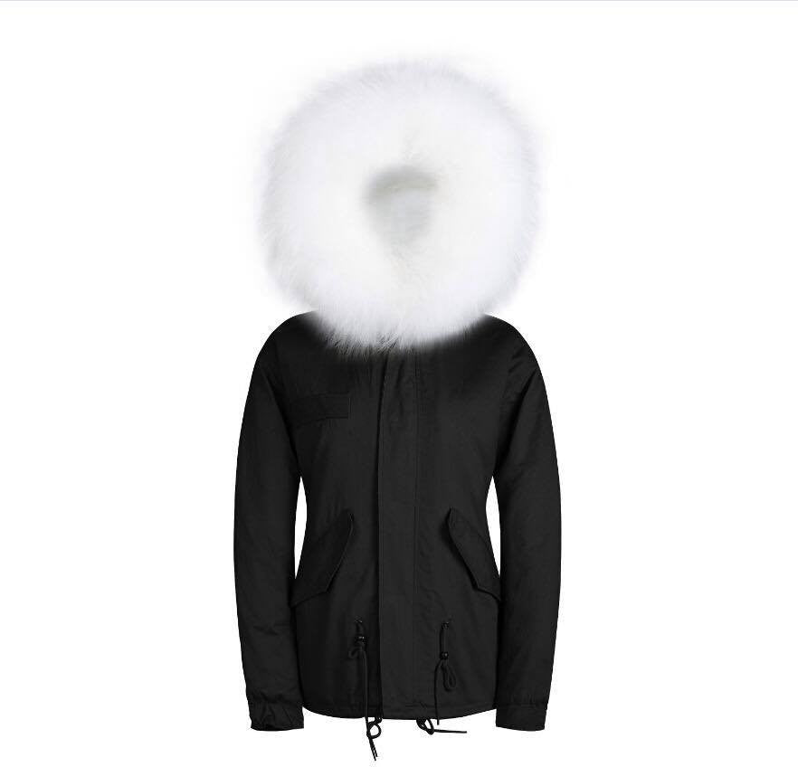 black coat with white fur hood