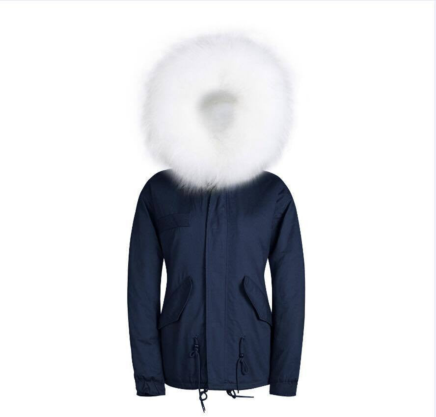 blue coat with white fur hood