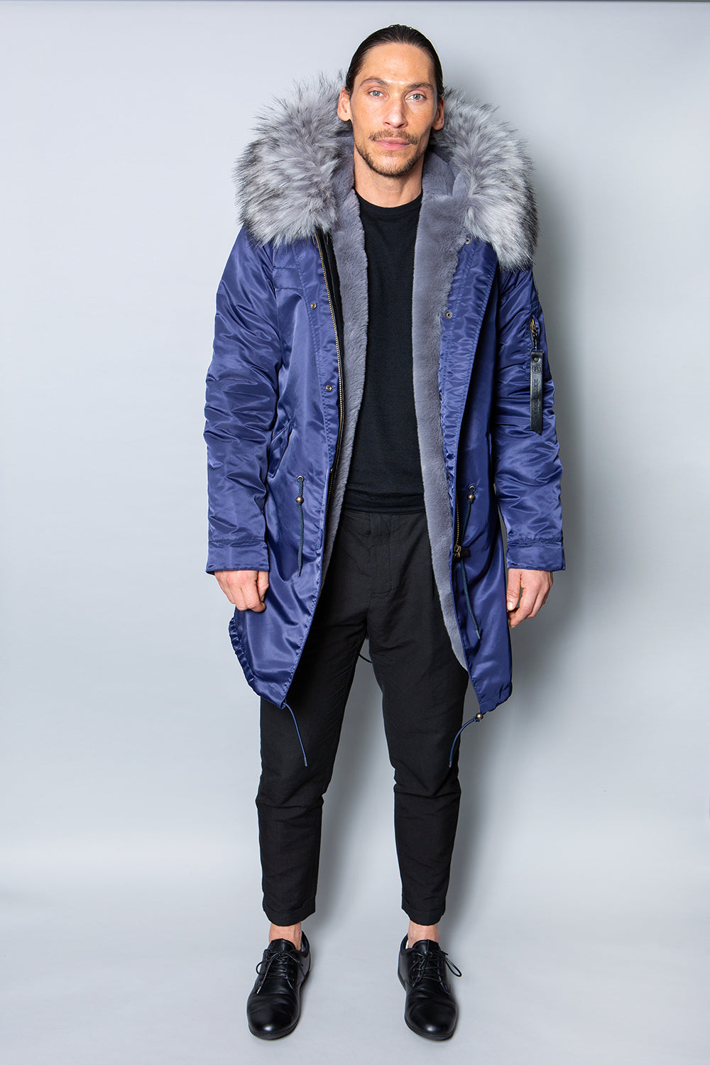 Mens Real Look Faux Fur Collar Parka Jacket with Grey Lining 3/4 ...