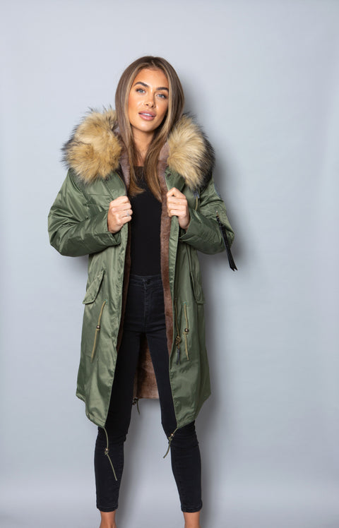 Womens Real Look Faux Fur Collar Parka Jacket with Natural Faux Fur Li –  Bobbi Parka