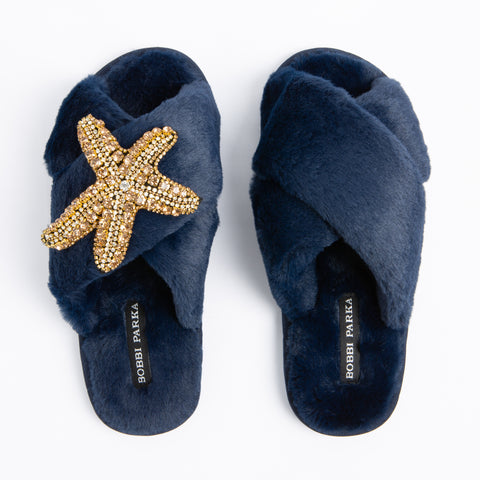 fluffy slippers with brooch