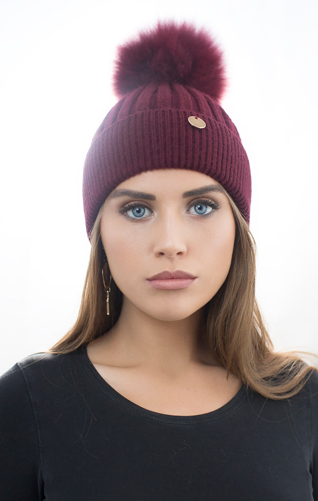 burgundy pom pom hat