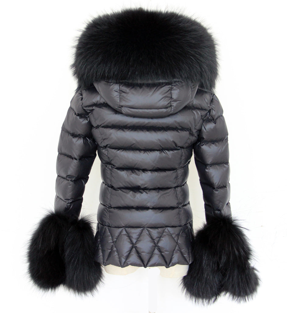black coat with fur hood and cuffs