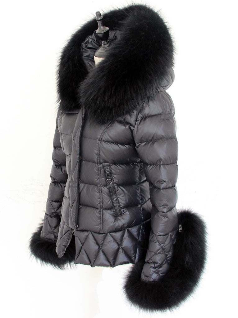 black coat with grey fur hood