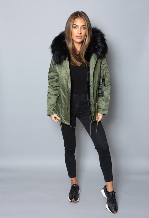 Womens Real Look Faux Fur Collar Parka Jacket with Natural Faux Fur Lining  3/4