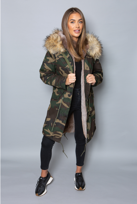 Womens Real Look Faux Fur Collar Parka Jacket with Black Faux Fur