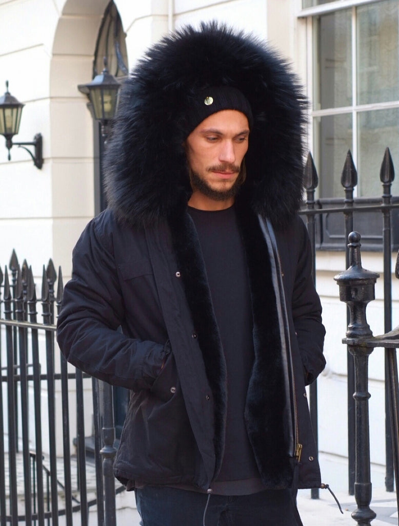 black faux fur parka coat