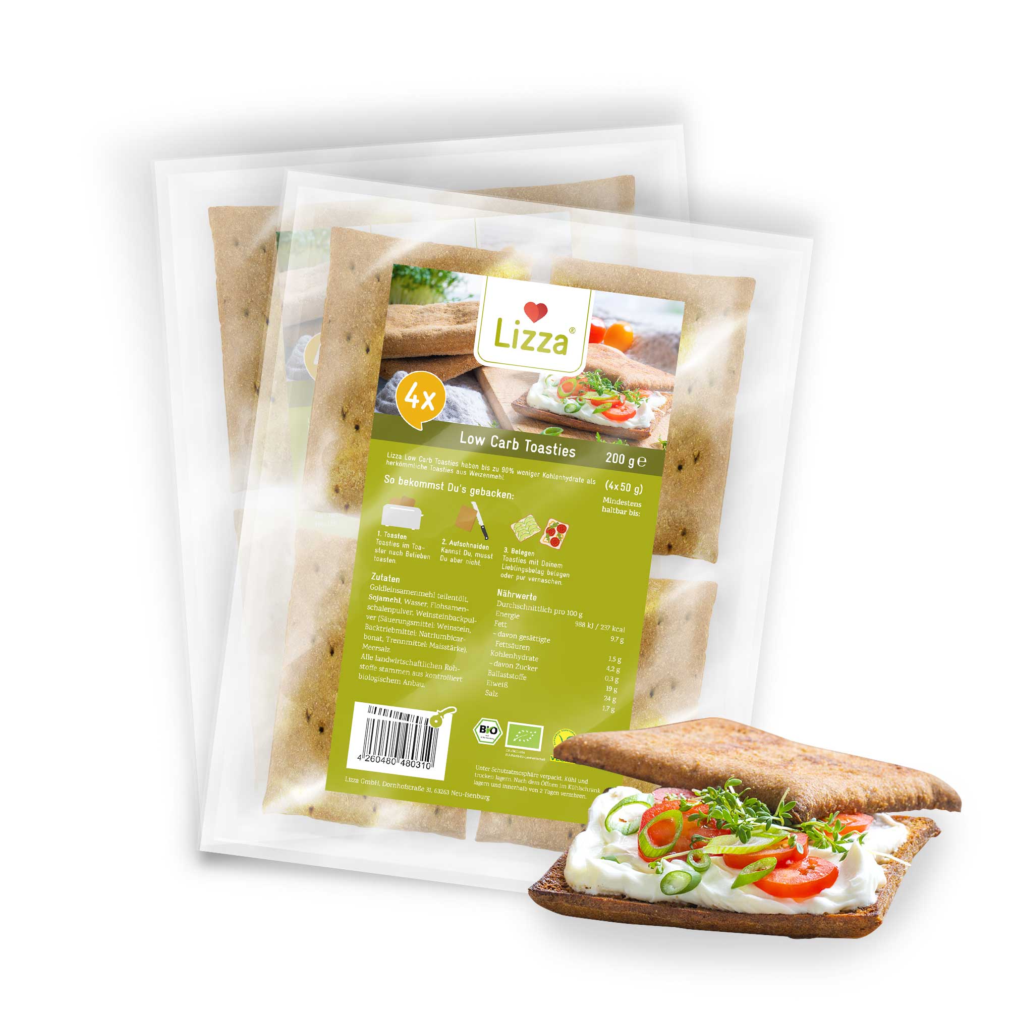 Lizza Low Carb Toasties » Bio » 4 Stück à 50g (94% weniger Kohlenhydrate als herkömmlicher Weizen-Toast) » 2 Pack