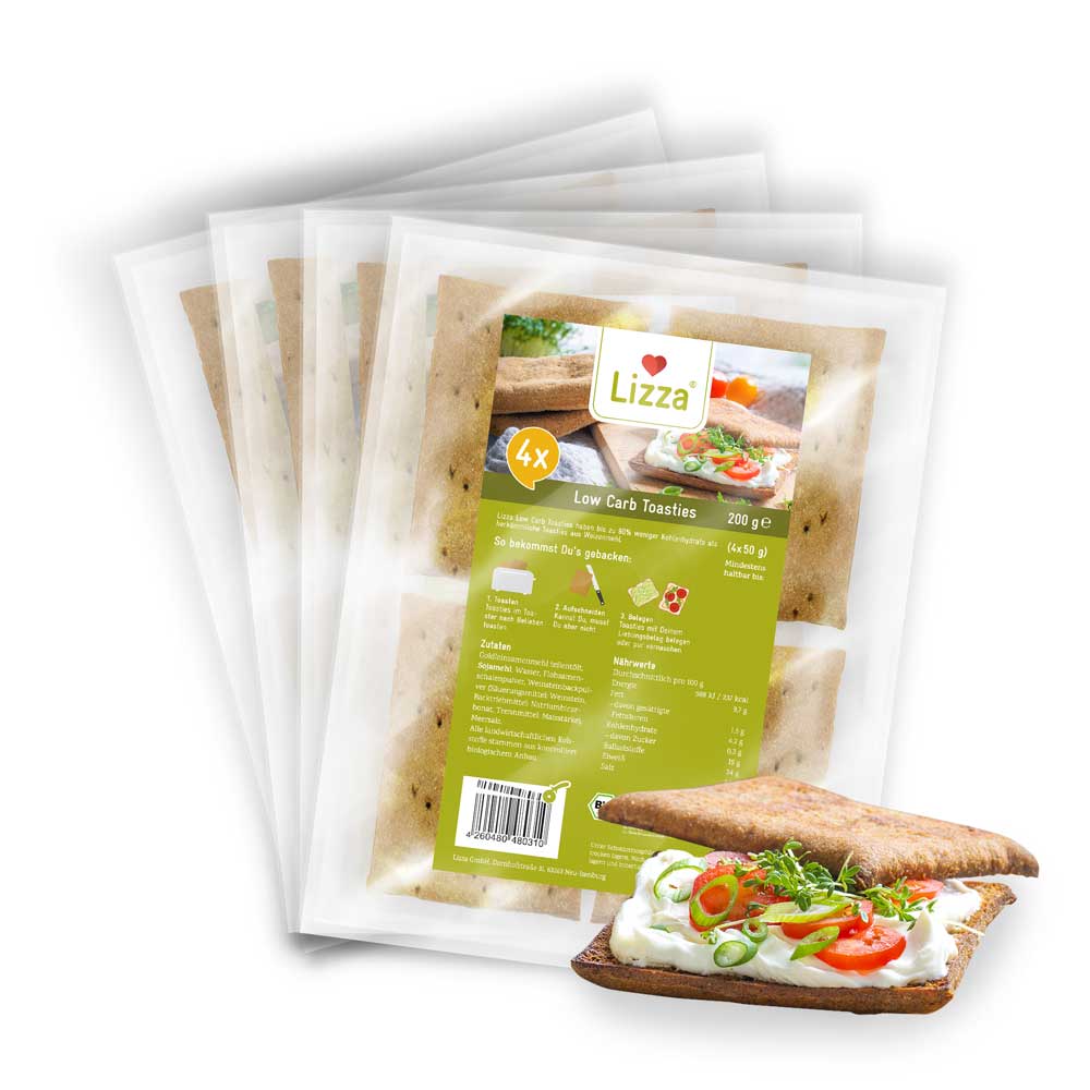 Lizza Low Carb Toasties » Bio » 4 Stück à 50g (94% weniger Kohlenhydrate als herkömmlicher Weizen-Toast) » 4 Pack