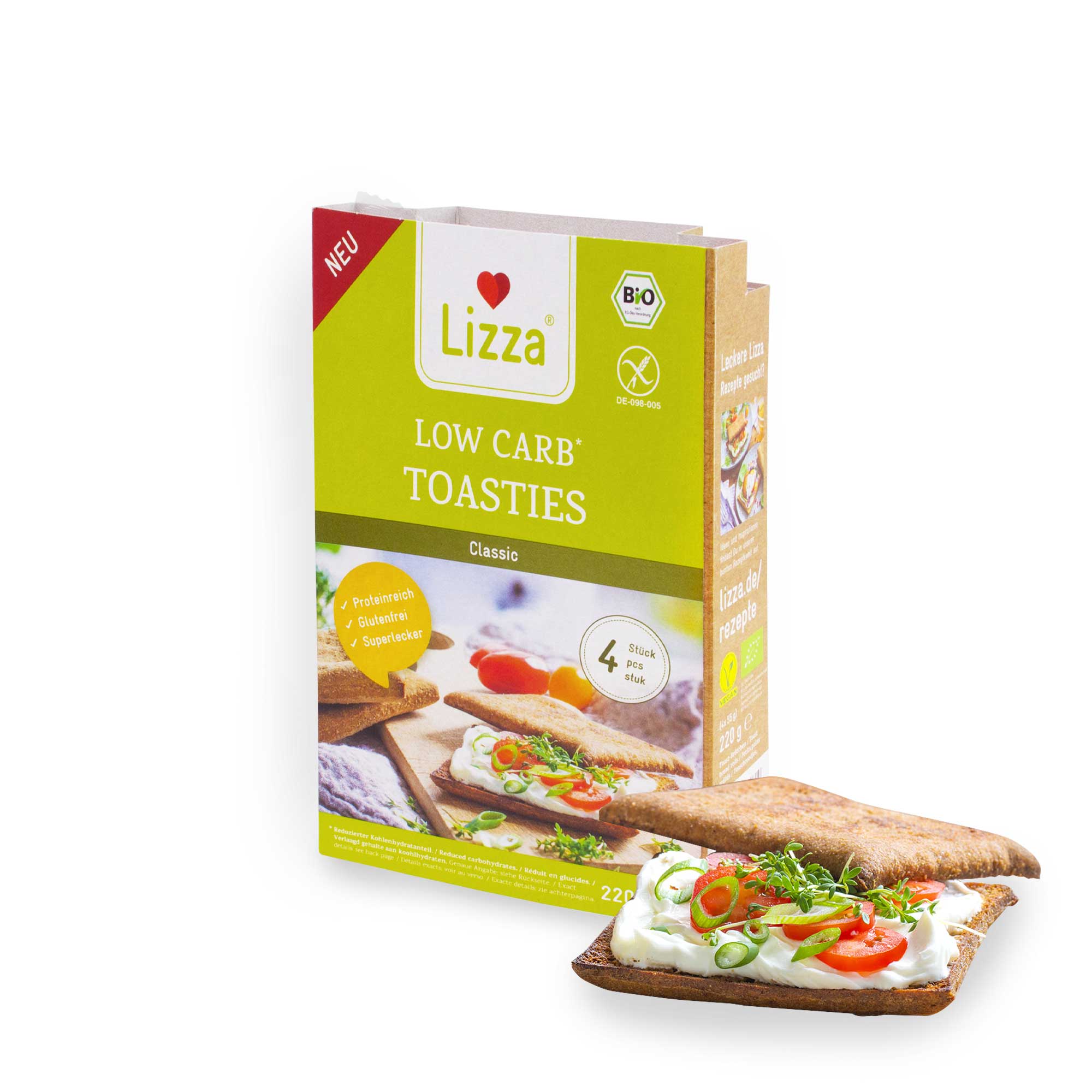 Lizza Low Carb Toasties » Bio » 4 Stück à 50g (94% weniger Kohlenhydrate als herkömmlicher Weizen-Toast)