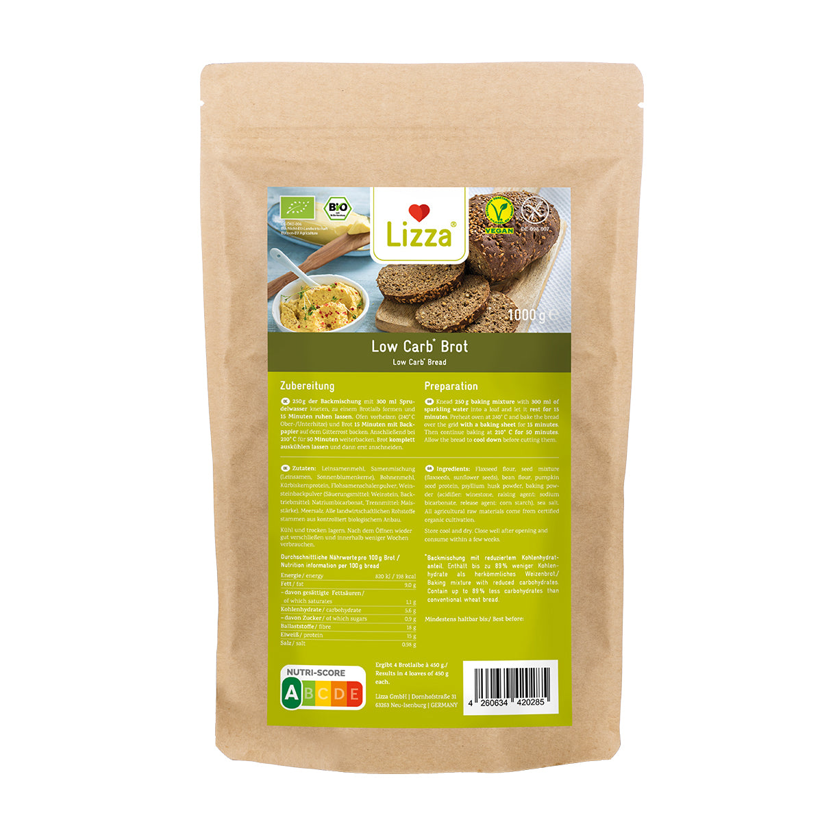 Lizza Low Carb Vorratspack Brot » Bio » 1000g Backmischung » ergibt 4 Brote (glutenfrei & viel Eiweiß)