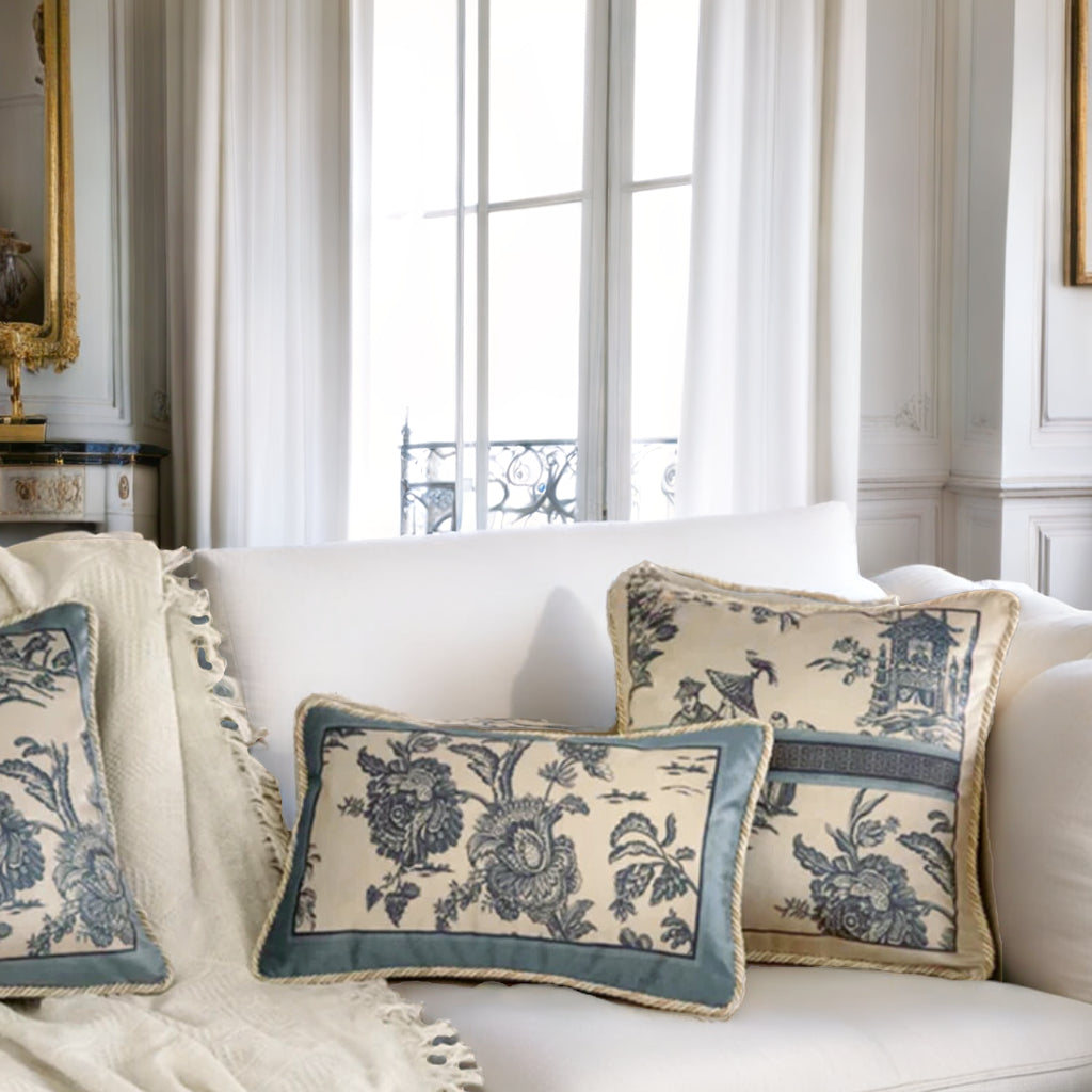 Velvet Pillow Covers in Delft Blue Toile De Jouy Design