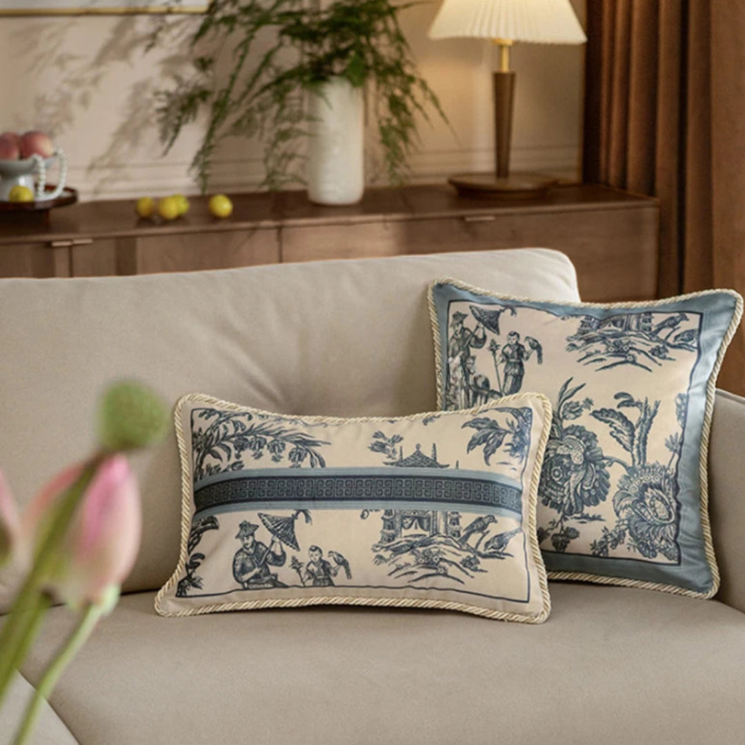 Velvet Pillow Covers in Delft Blue Toile De Jouy Design