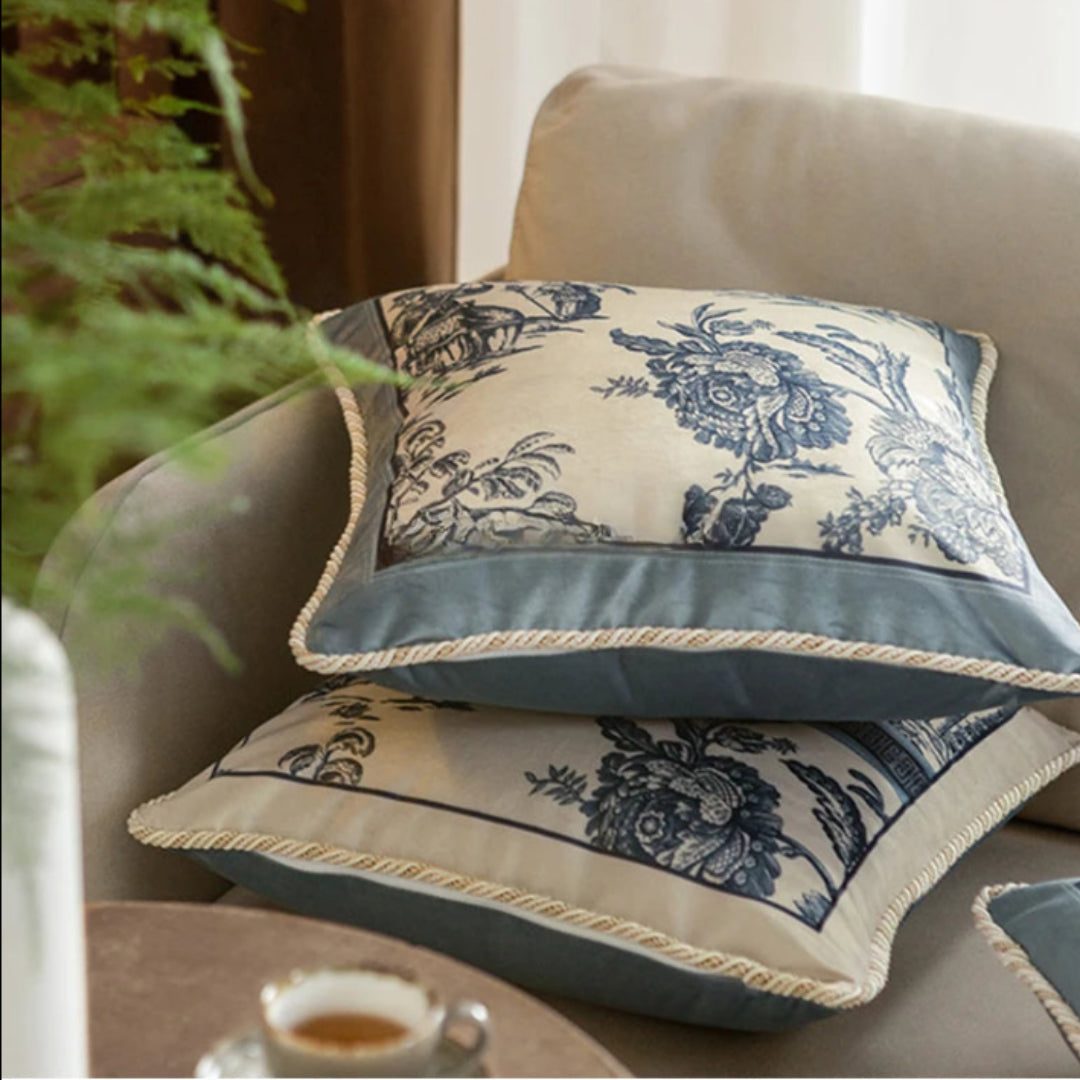 Velvet Pillow Covers in Delft Blue Toile De Jouy Design