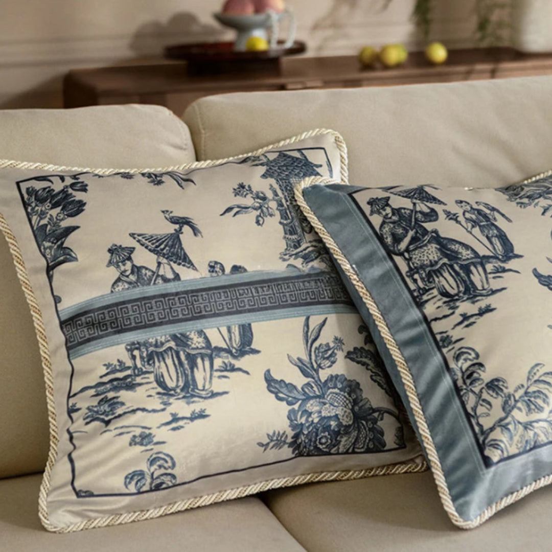 Velvet Pillow Covers in Delft Blue Toile De Jouy Design