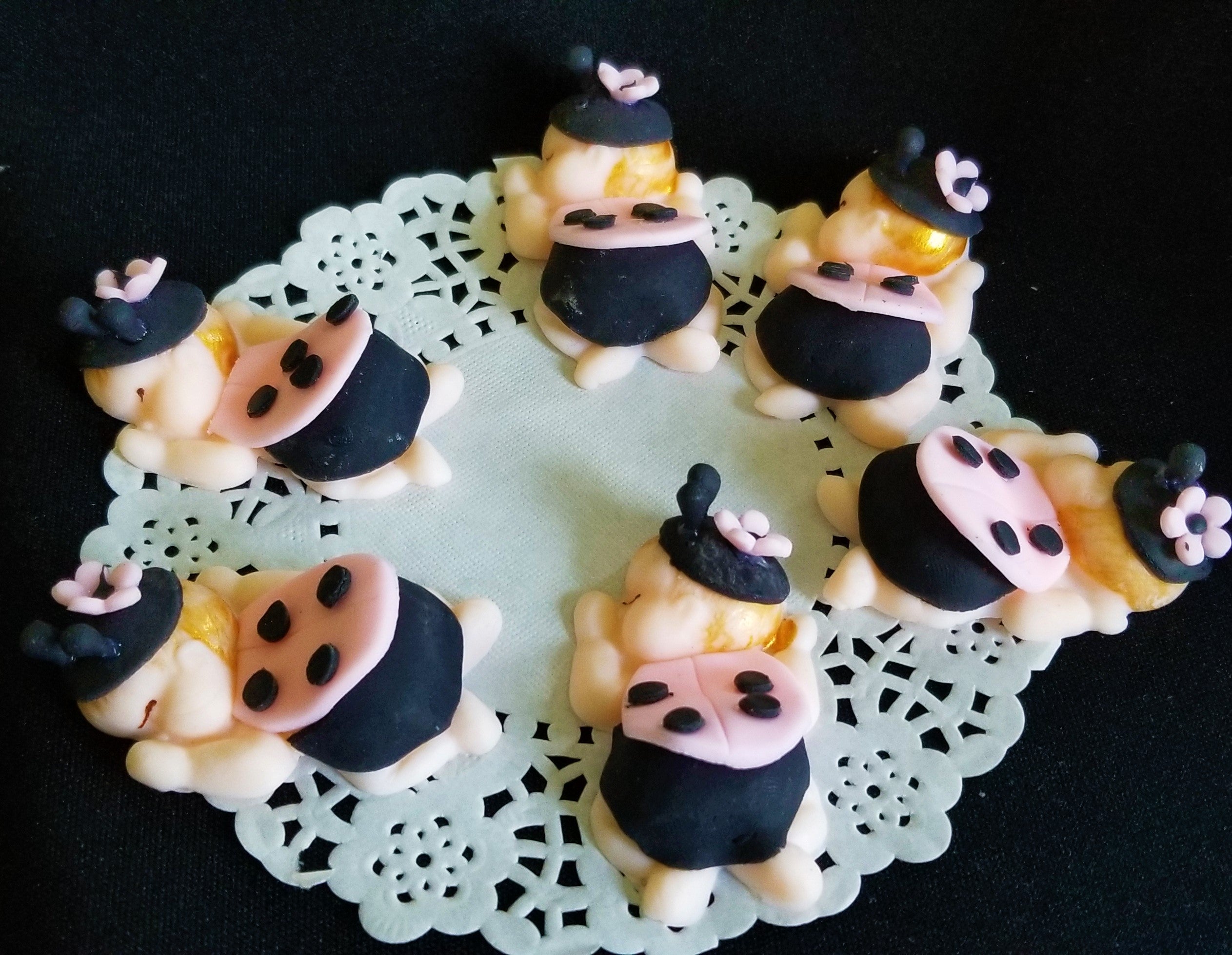 Lady Bug Babies Cupcake Toppers Pink and Black Lady Bug Corsage Figurines Lady Bug Baby Shower