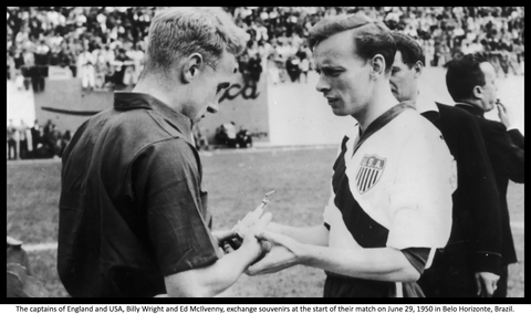 The captains of England and USA, Billy Wright and Ed McIlvenny (right), exchange souvenirs at the start of their match on June 29, 1950 in Belo Horizonte, Brazil