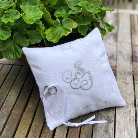 Embroidered monogram ring bearers cushion for page boy