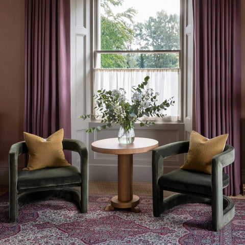 Photo by James Everett - a swanky boutique hotel. contemporary table and chairs sit in front of a window featuring a Linen and Letters Linen curtain. @thecountryhousediaries