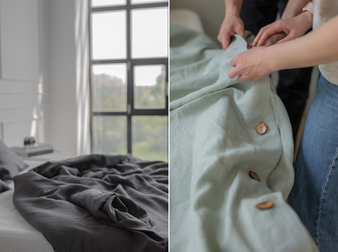 Left: A beautifully rumpled bed with a grey linen duvet cover. Right A Sage green linen duvet cover with coconut shell buttons.