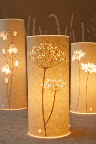 Three Hannah Nunn Cylindrical parchment lamps featuring a cut paper cow parsley pattern