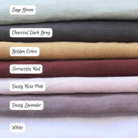 Stack of Coloured Linen - Sage Green, Charcoal Grey, Ocher Yellow, Terracotta, Dusky Rose Pink, Dusky Lavender, White