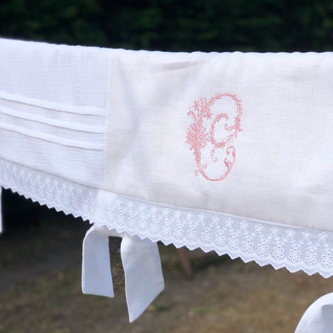 White Linen Baby Cot Rail Cover with Heritage Embroidered Monogram