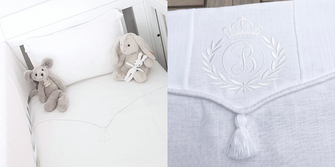 White Linen Baby Cot Duvet with Royal Crown Monogram Embroidery