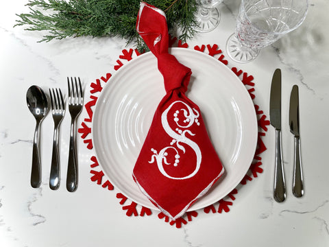 Red Linen Napkin with white French Monogram