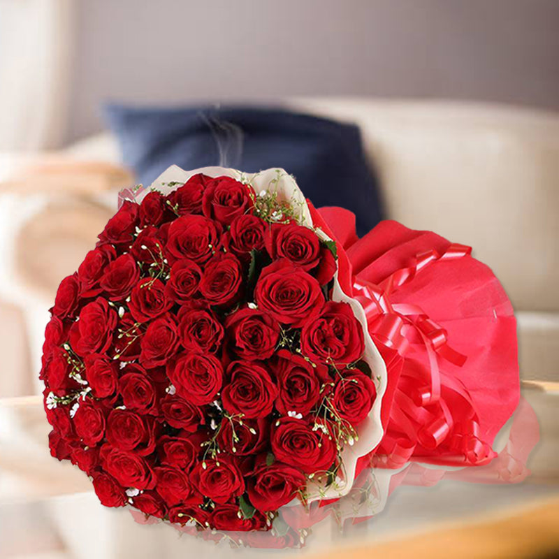 Passion Of Red | 50 Red Roses Bouquet | Send Flowers Online - Bloomsvilla