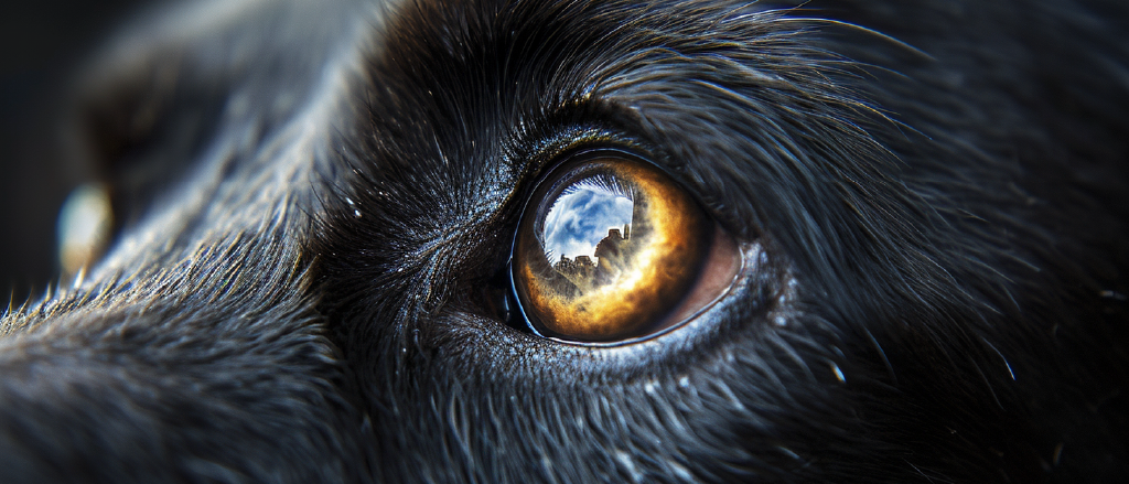 Close-up image of a dog's eye reflecting a scenic mountain landscape. The eye's golden-brown iris is detailed and luminous, with the silhouette of mountains and sky clearly visible in its reflection. The surrounding fur is black, with individual hairs sharply in focus against a blurred background, highlighting the eye's intricate detail and the cinematic quality of the photography.