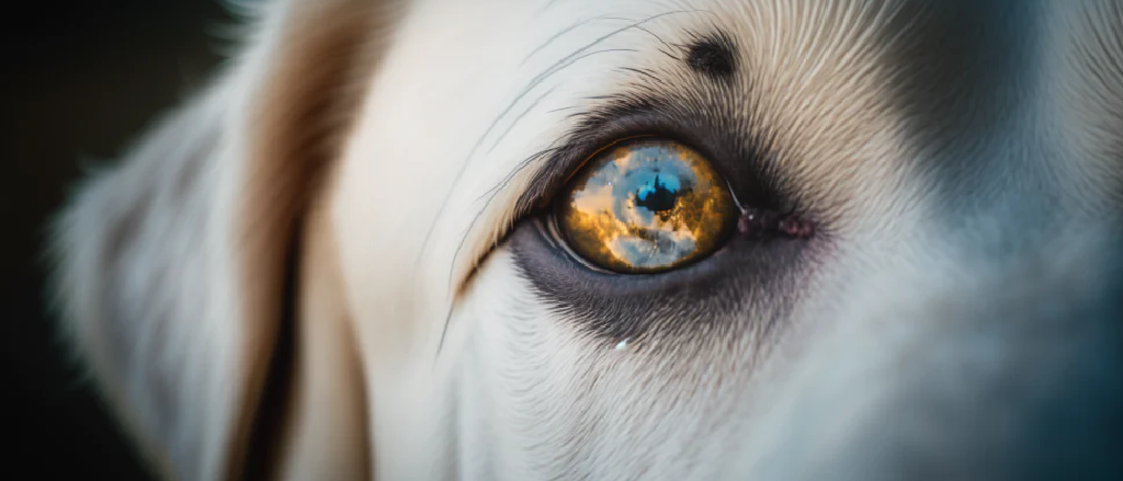 Close-up of a dog's eye, capturing the reflection of a fiery sunset sky and trees within its deep brown iris. The dog's fur is predominantly white with a soft brown patch near the eye, and the image is focused sharply on the eye, with a blurred background enhancing the eye's vivid reflection.