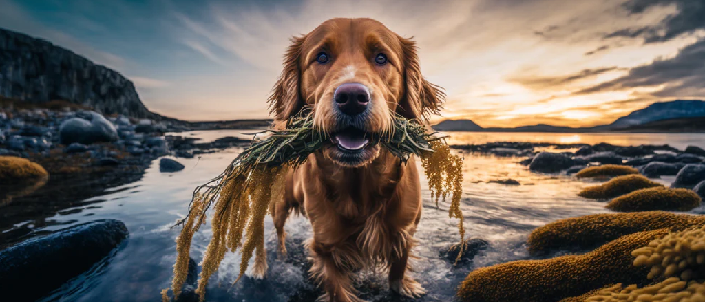 A golden retriever stands in shallow waters against a stunning sunset backdrop, holding a strand of seaweed in its mouth. The dog is centered in the frame, with wet fur, and a joyful expression. The surrounding landscape features rocky shores with moss-covered stones and a colorful sky reflecting off the calm water.