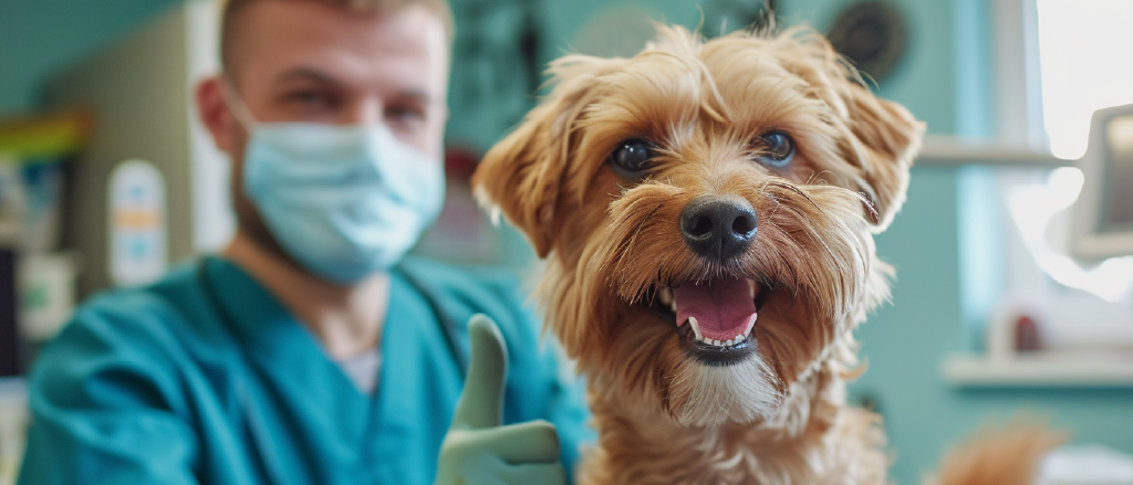 A cheerful, small, tan-furred dog with a wide smile is in focus in the foreground, looking healthy and happy. In the blurry background, a veterinarian in green scrubs and a surgical mask gives a thumbs up, indicating a successful check-up or treatment. The setting suggests a positive veterinary care experience.