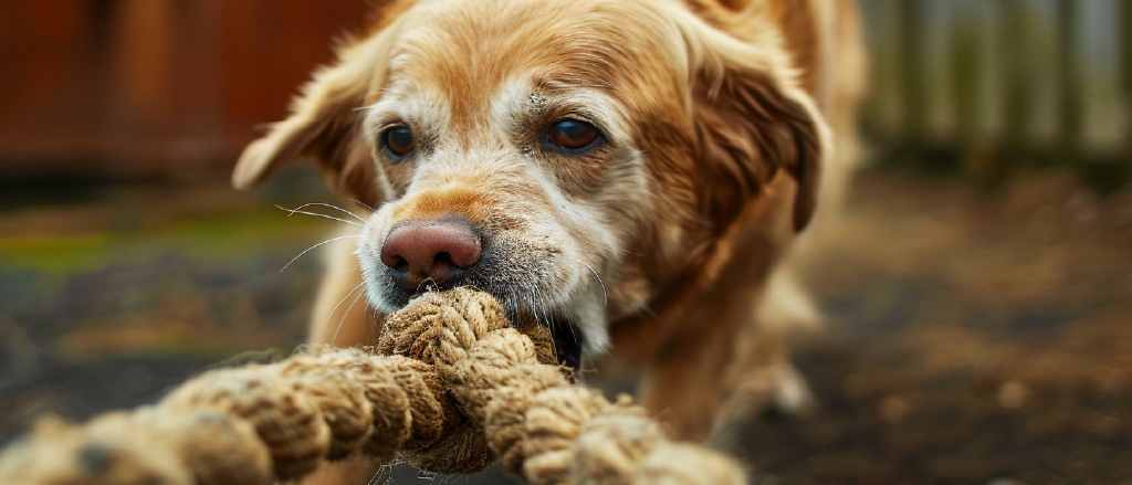 A golden retriever is intently biting on a thick, knotted rope toy. The focus is on the dog's face and the rope, highlighting the action of chewing which is beneficial for dental health. The dog's eyes are expressive, suggesting concentration and enjoyment in the activity.