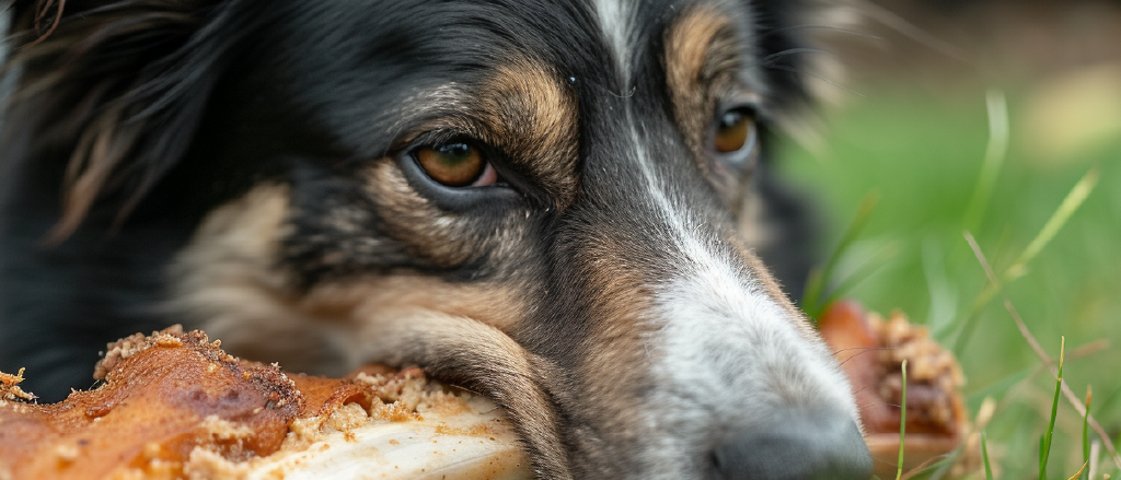 Close-up of a tricolor dog with focused, amber eyes chewing on a large, meaty bone while lying on the grass, exemplifying a natural and engaging approach to canine dental health.