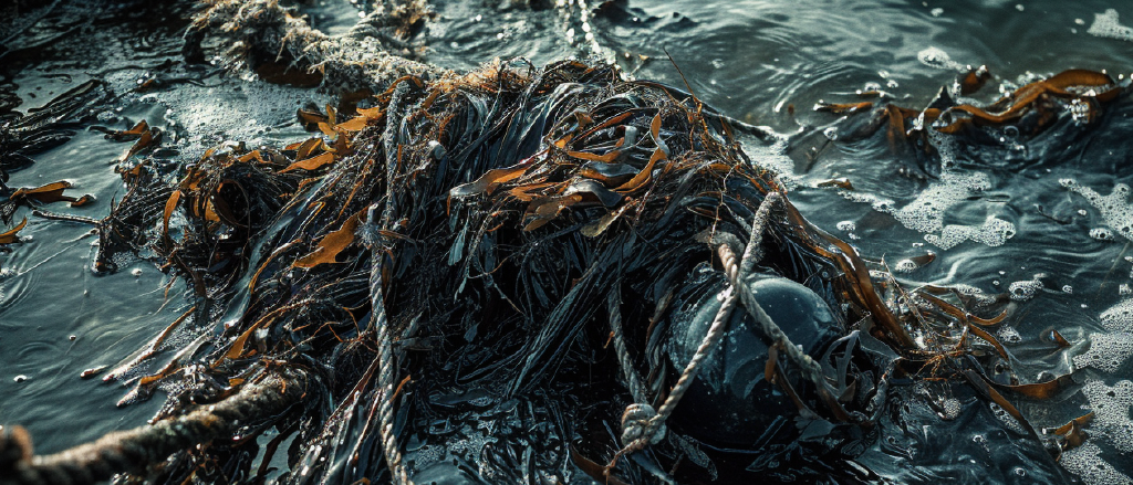 Tangled seaweed and marine rope washed ashore, partially submerged in sea foam-covered water. The sunlight catches the wet surfaces, creating a gleaming effect on the dark, waterlogged seaweeds and the twisted rope, evoking a sense of the hidden dangers that can lurk in oceanic debris.