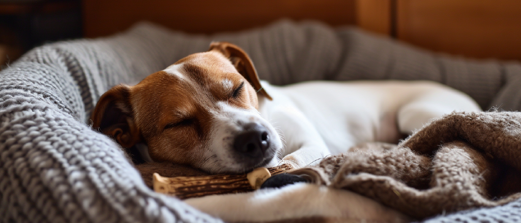 A cute scene captures a dog peacefully asleep in a cozy bed, his bone by his side, indicating a state of pure contentment and relaxation after thoroughly enjoying his bone.