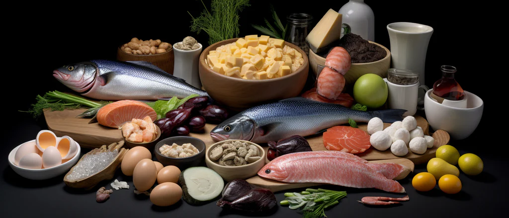 A diverse selection of iodine-rich foods laid out on a black surface, ideal for a canine diet. Includes fresh seafood like whole fish and salmon fillets, eggs, dairy products like cheese, and seaweed—a potent source of iodine. These ingredients symbolize a diet formulated to support thyroid health in dogs.