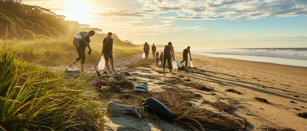 A group of volunteers engaged in a beach cleanup at sunset, with golden sunlight bathing the scene. They are spread out along the sandy shore, picking up litter with bags in hand, amidst washed-up seaweed and driftwood. The calm ocean waves in the distance and the lush greenery on the dunes create a tranquil yet active atmosphere, highlighting community efforts to preserve the natural beauty of the beach.