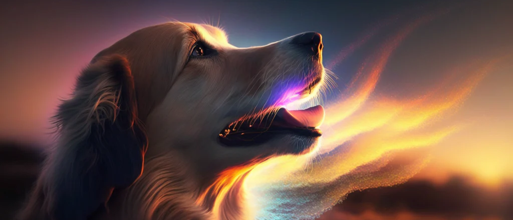 An intriguing image portraying a dog with its mouth wide open, revealing a fascinating burst of abstract, vividly colored forms emanating from within. These dynamic and imaginative shapes, resembling a vibrant and aromatic breath, suggest the notion of potent and fragrant exhalation. The dog's expressive posture hints at the intensity of this imaginative visual representation, evoking the notion of powerful and captivating scents.