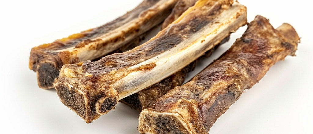 Three long, raw marrow bones with exposed marrow and a natural, rough texture on a white background, suitable for dog chewing to promote dental health.