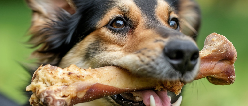 A charming dog with a bone held gently in its mouth, exuding contentment and happiness