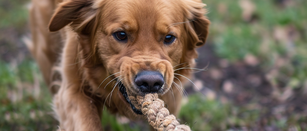 On a bright and lively day outdoors, a dog enthusiastically engages in a game of tug-of-war with sheer exuberance. The canine companion eagerly tugs on a thick, rustic rope, displaying boundless energy and a heartwarming enthusiasm for playtime.