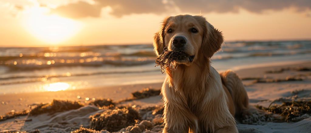 A golden retriever sits on a sandy beach at sunset, holding a piece of seaweed in its mouth. The setting sun casts a warm glow on its fur and the tranquil waves in the background. The dog looks calmly towards the camera, embodying a sense of peace and contentment in the picturesque seaside moment.