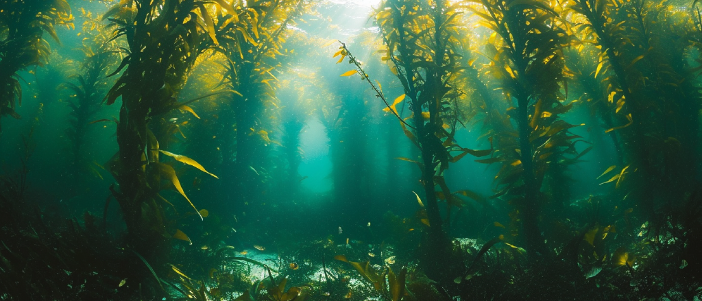 A serene view of an Irish kelp forest, with beams of light piercing through the water to illuminate the lush green and yellow hues of the kelp. The forest creates an almost ethereal atmosphere as the light plays off the intricate textures and shapes of the underwater flora. The scene is a testament to the vibrant, yet tranquil underwater ecosystems found along the coast of Ireland.