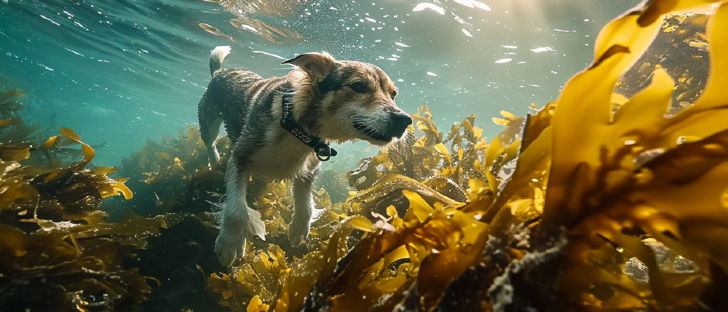 An adventurous dog swims through a kelp forest underwater, illuminated by dappled sunlight. The dog appears in profile, with its fur patterns of white and brown and a collar visible, lending a sense of exploration. The surrounding kelp has a rich golden-brown hue, and the water's surface ripples with light, creating a dynamic and natural underwater scene.
