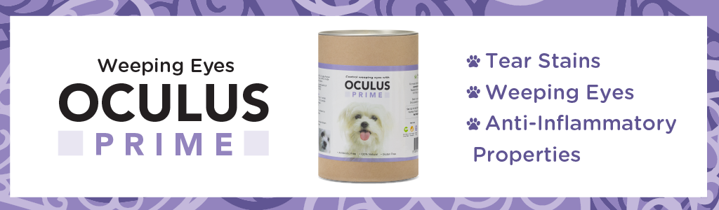 Banner for Oculus Prime, a pet supplement product. The ad features a purple background with a central text, 'Weeping Eyes OCULUS PRIME,' and images of two cylindrical supplement containers. One container is open, displaying a greenish-brown powder. Bullet points list benefits: 'Tear Stains,' 'Weeping Eyes,' and 'Anti-Inflammatory Properties.