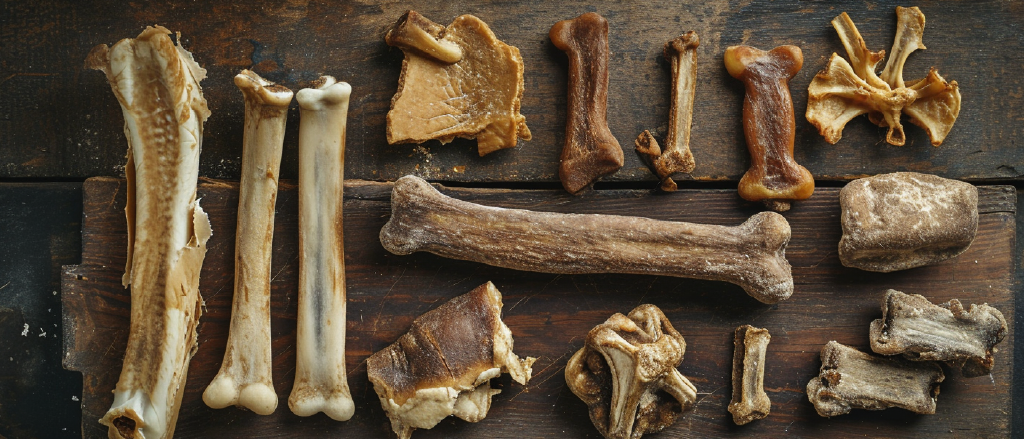 An assortment of various dog-friendly bones displayed, showcasing a range of safe and suitable options for canine consumption.